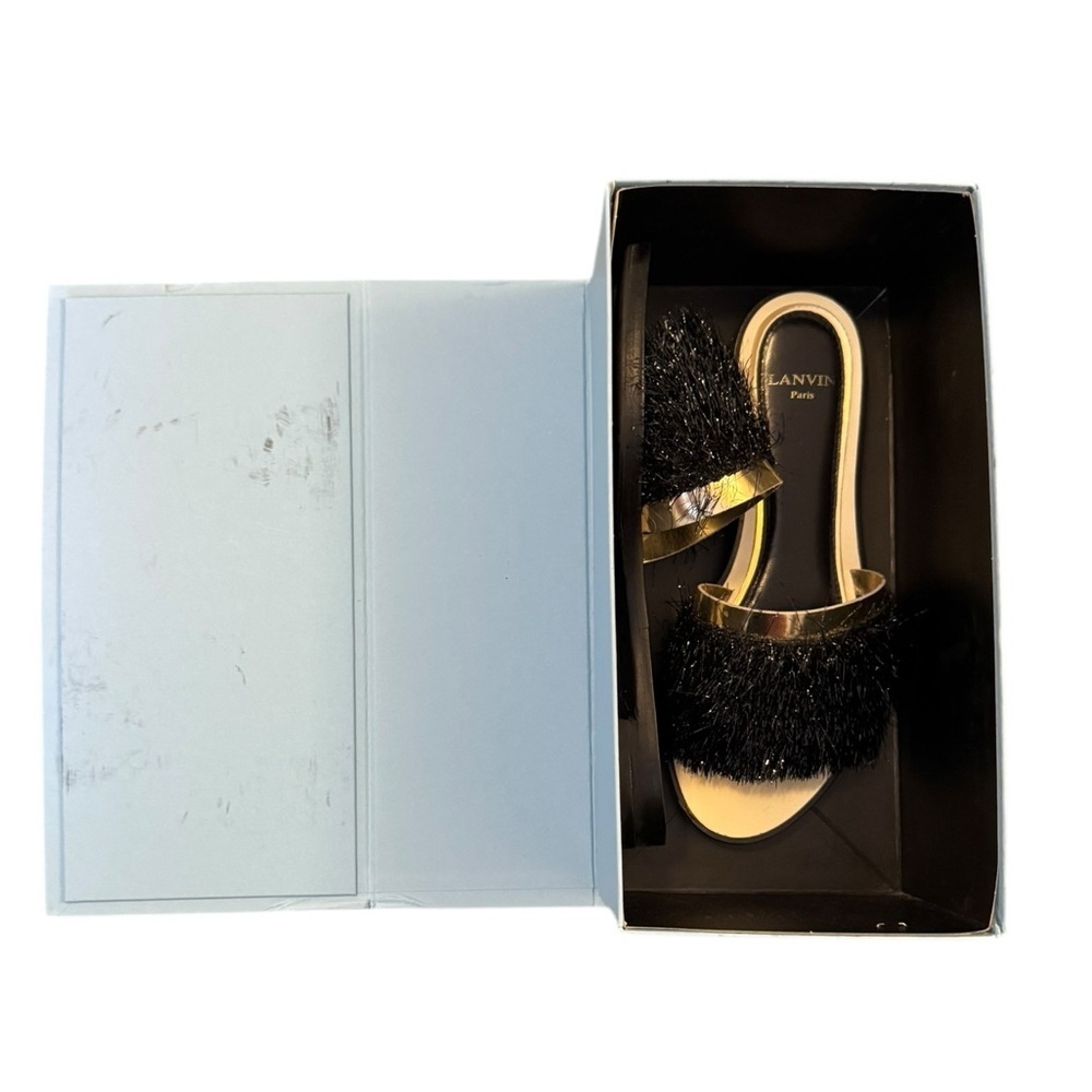 Lanvin Black and Gold Fur Slide Sandals - Picture 4 of 10